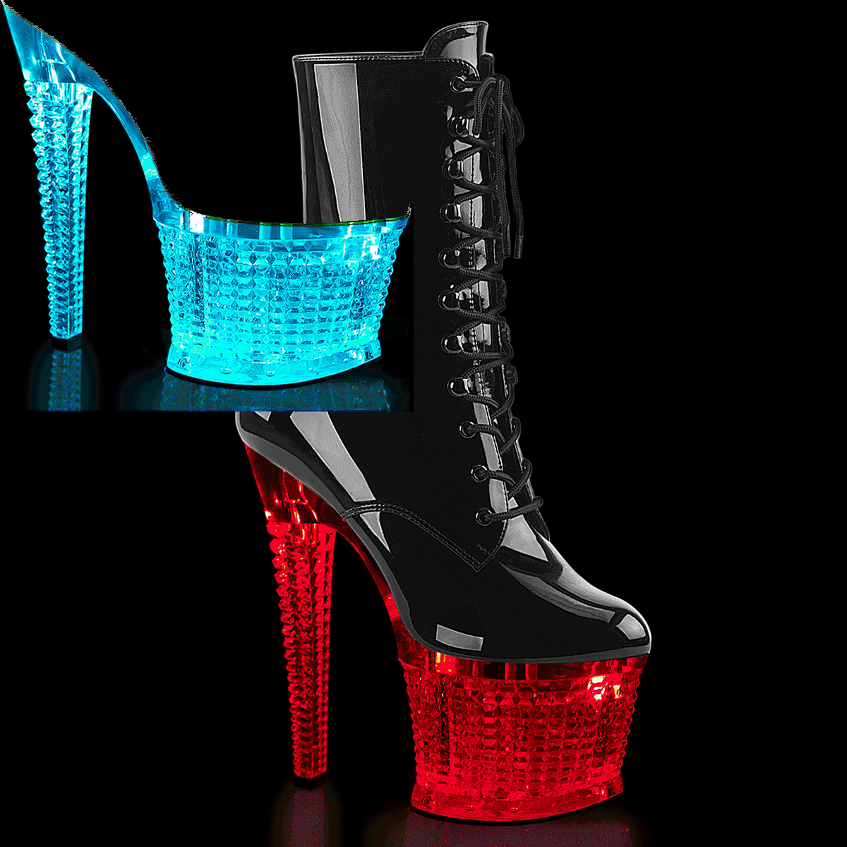 Pleaser Flashdance-1020SPEC B/C - Shiny Black Illuminating High-Platform Ankle Boots