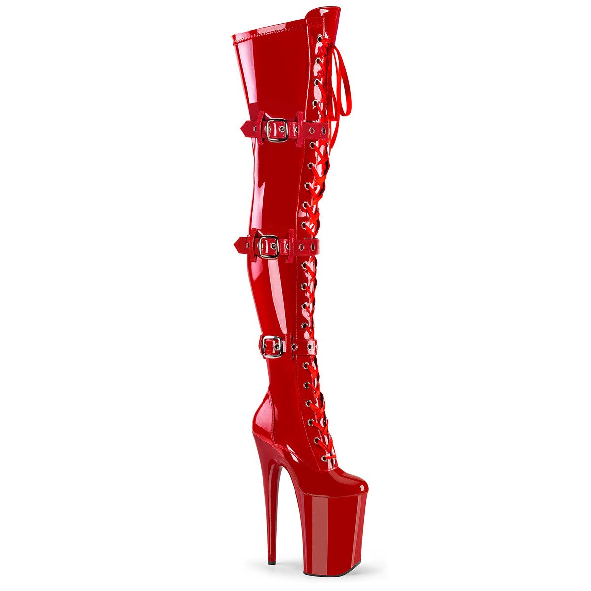 Pleaser Infinity-3028 R/M - Shiny Red High-Platform Thigh High Boots