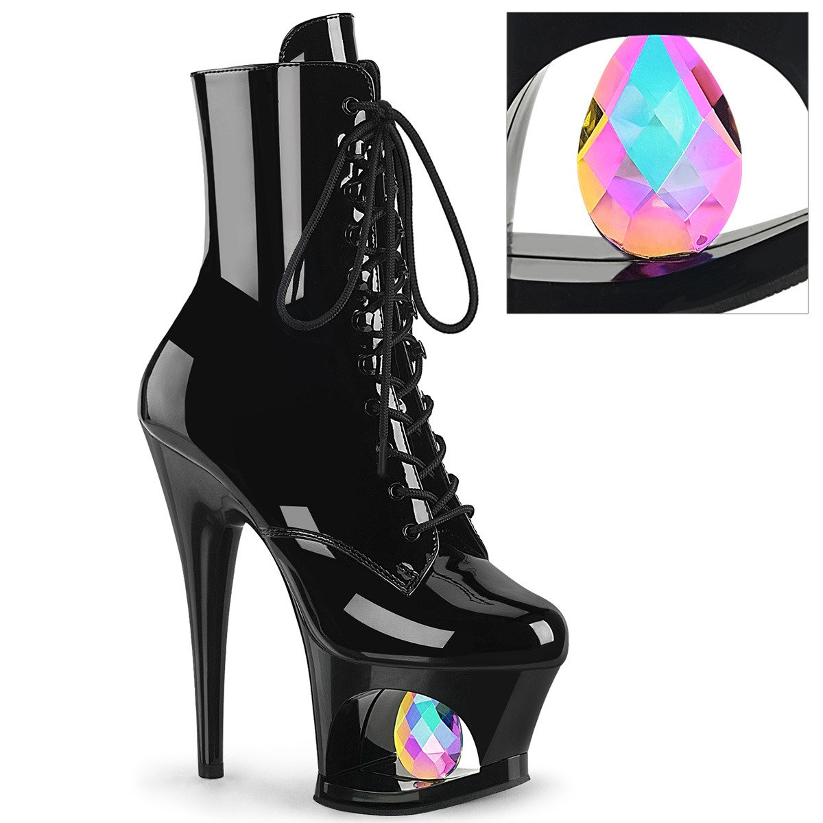 Pleaser Moon-1020DIA B/M - Shiny Black High-Platform Ankle Boots