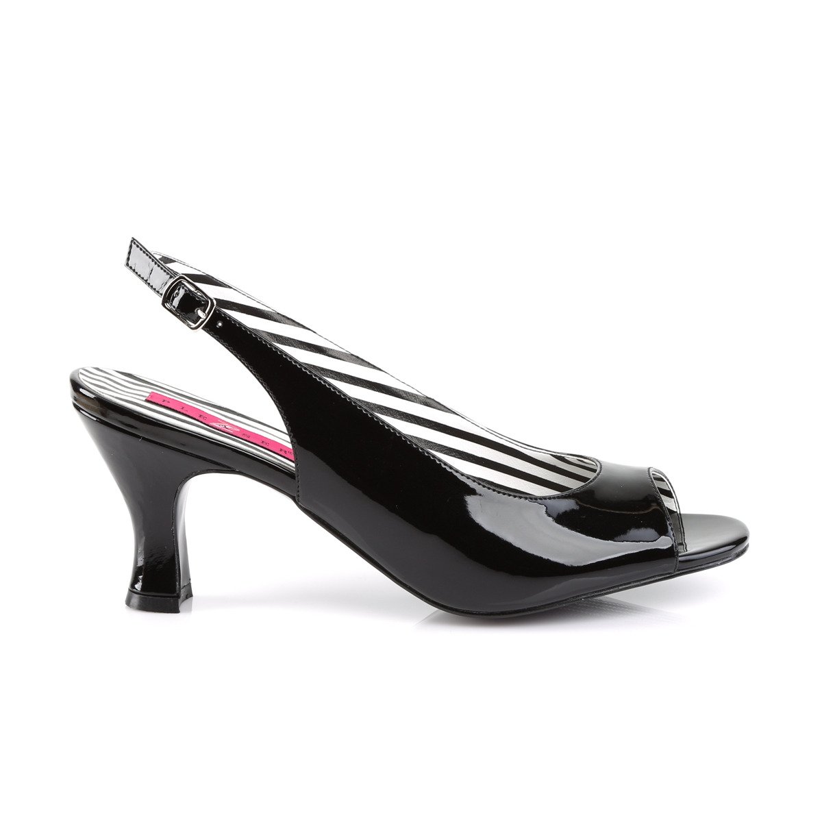 Pleaser Pink Label Jenna-02 B - Shiny Black Chunky-Heel Peep Toe And Sling Back Single Sole Heels