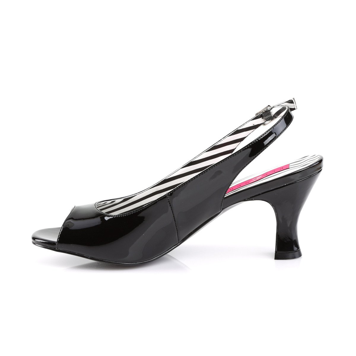 Pleaser Pink Label Jenna-02 B - Shiny Black Chunky-Heel Peep Toe And Sling Back Single Sole Heels