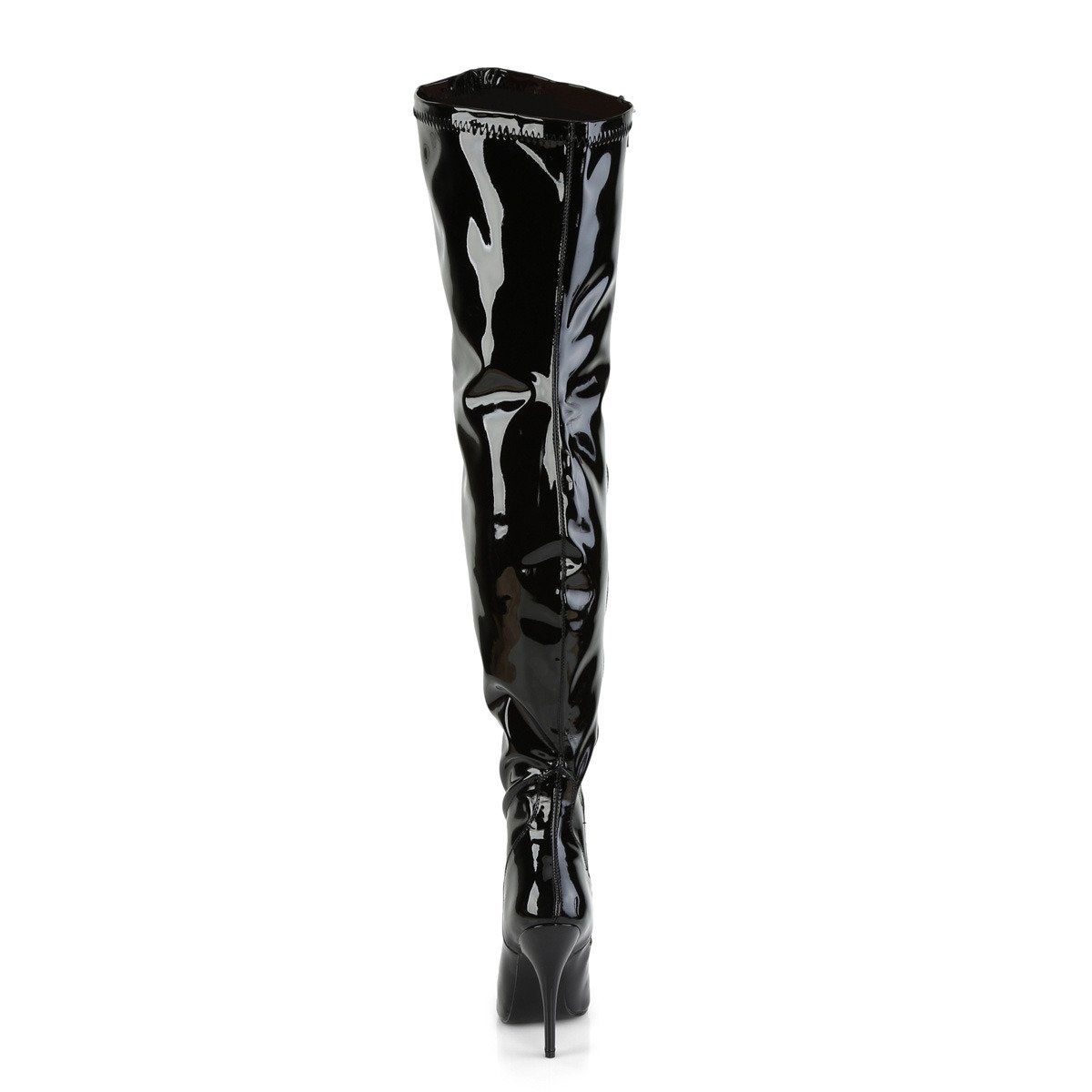 Pleaser Pink Label Seduce-3000WC B - Shiny Black High-Heel Single Sole Thigh High Boots With Widened Calf