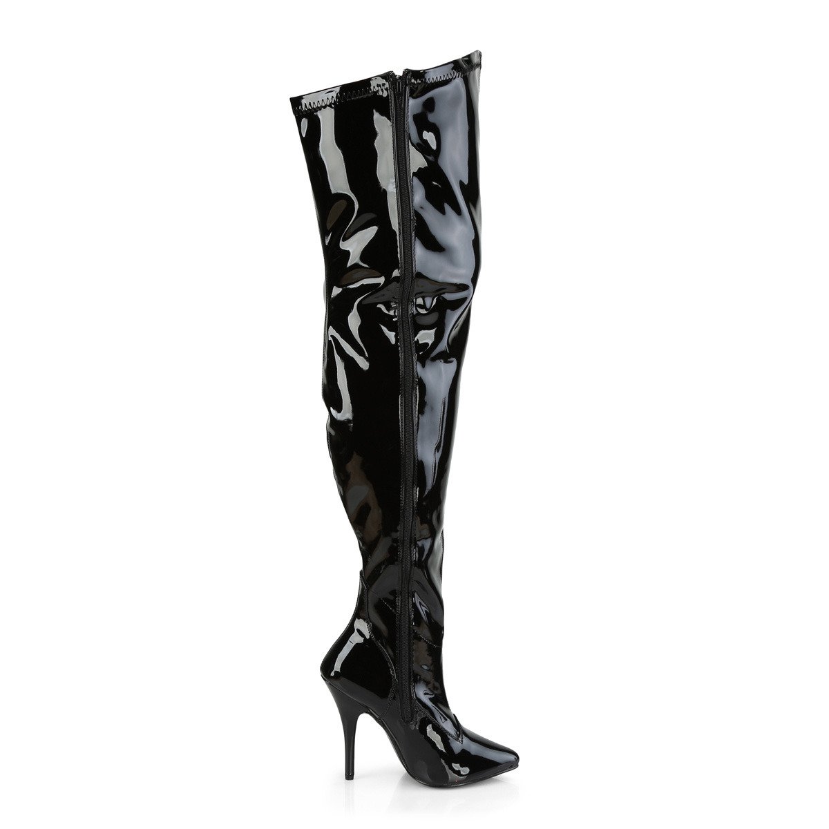 Pleaser Pink Label Seduce-3000WC B - Shiny Black High-Heel Single Sole Thigh High Boots With Widened Calf
