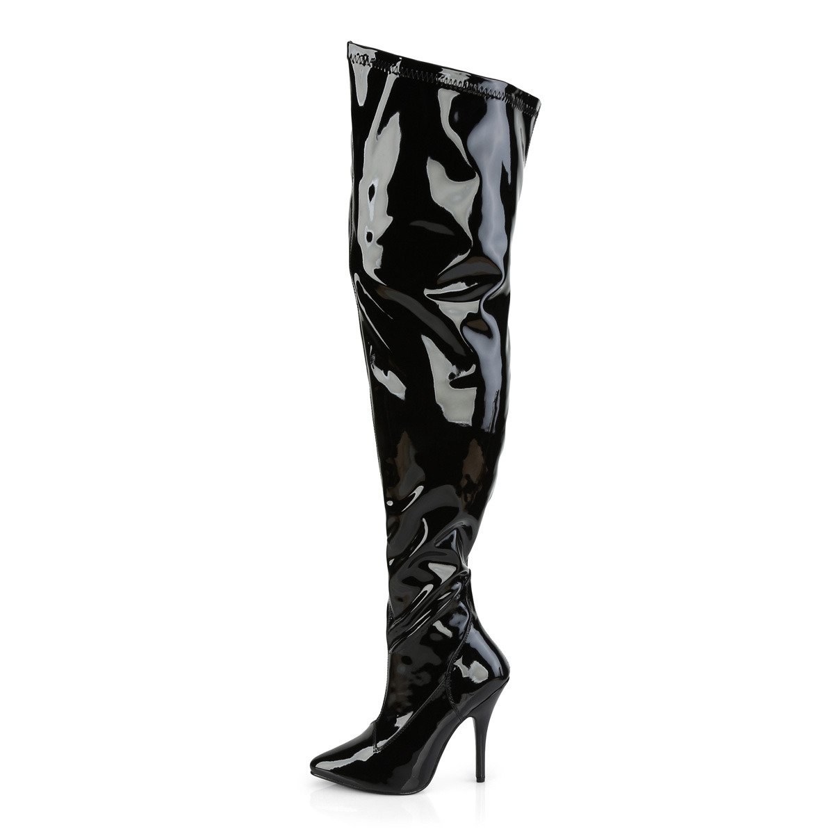 Pleaser Pink Label Seduce-3000WC B - Shiny Black High-Heel Single Sole Thigh High Boots With Widened Calf