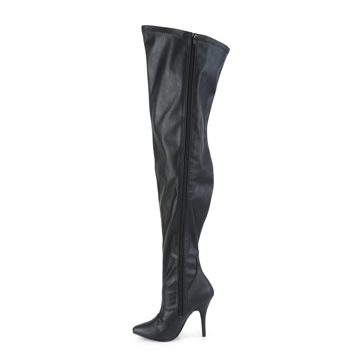 Pleaser Pink Label Seduce-3000WC BPU - Black High-Heel Single Sole Thigh High Boots With Widened Calf