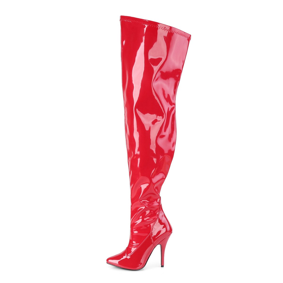 Pleaser Pink Label Seduce-3000WC R - Shiny Red High-Heel Single Sole Thigh High Boots With Widened Calf