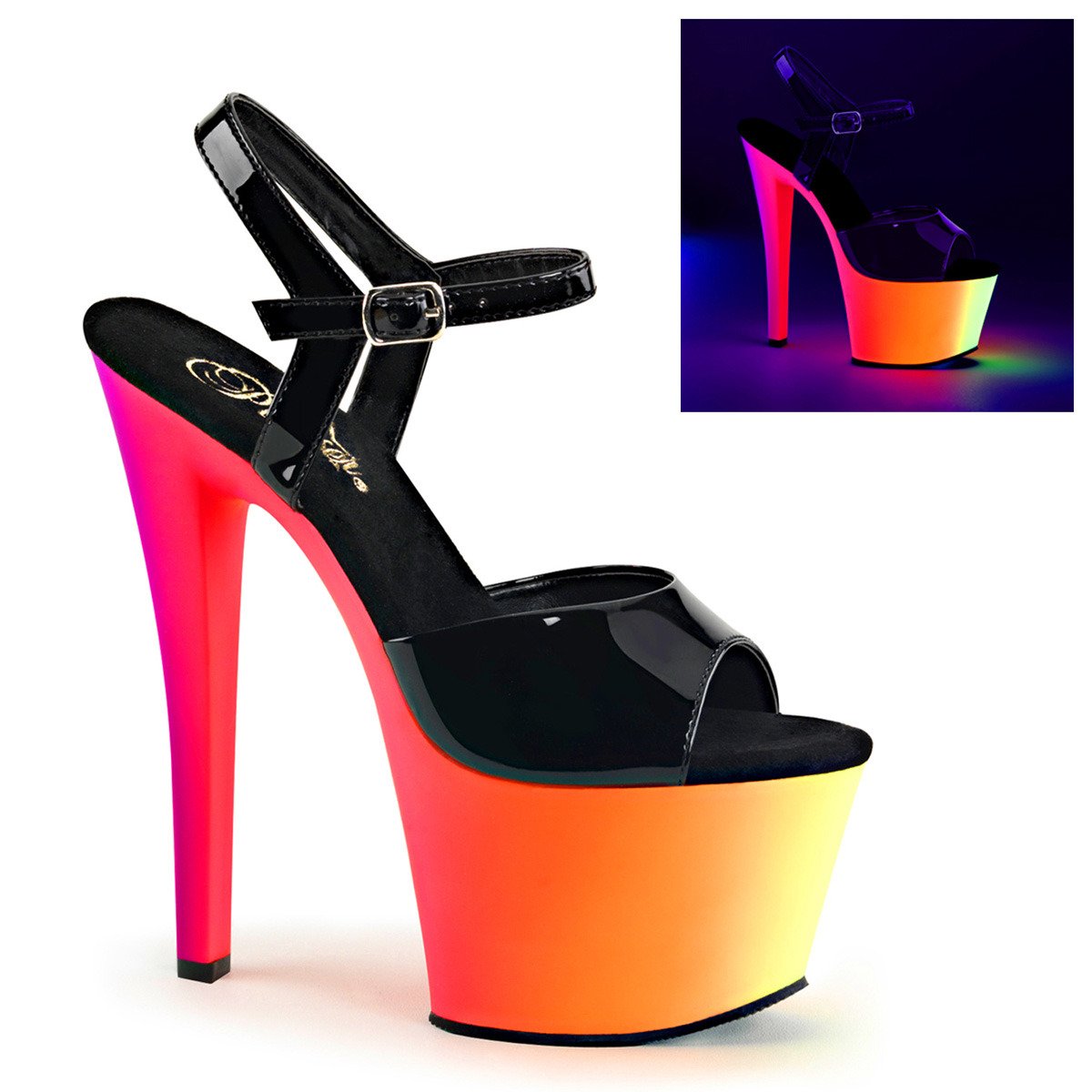 Pleaser Rainbow-309UV B/NMC - Shiny Black Uv Reactive High-Platform Sandals