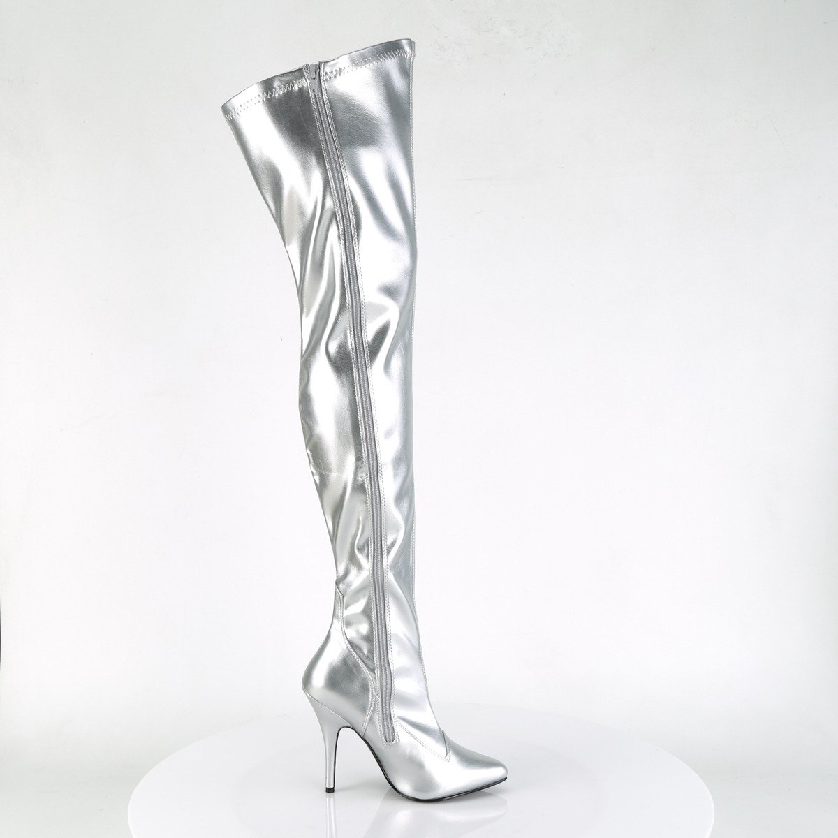 Pleaser Seduce-3000 S/PU - Silver High-Heel Single Sole Thigh High Boots