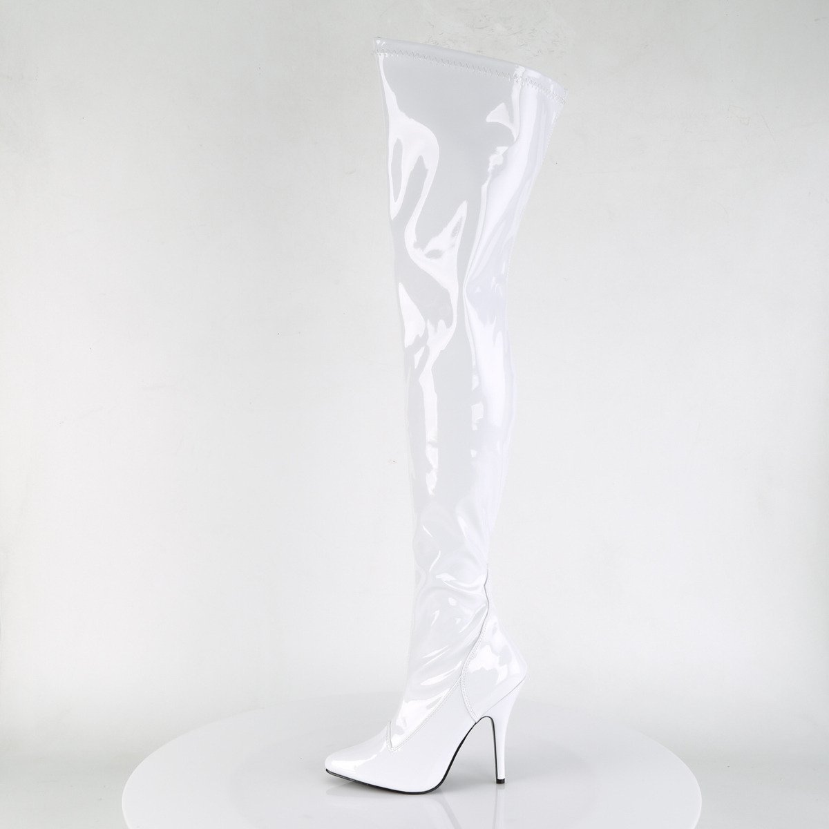 Pleaser Seduce-3000 W - Shiny White High-Heel Single Sole Thigh High Boots