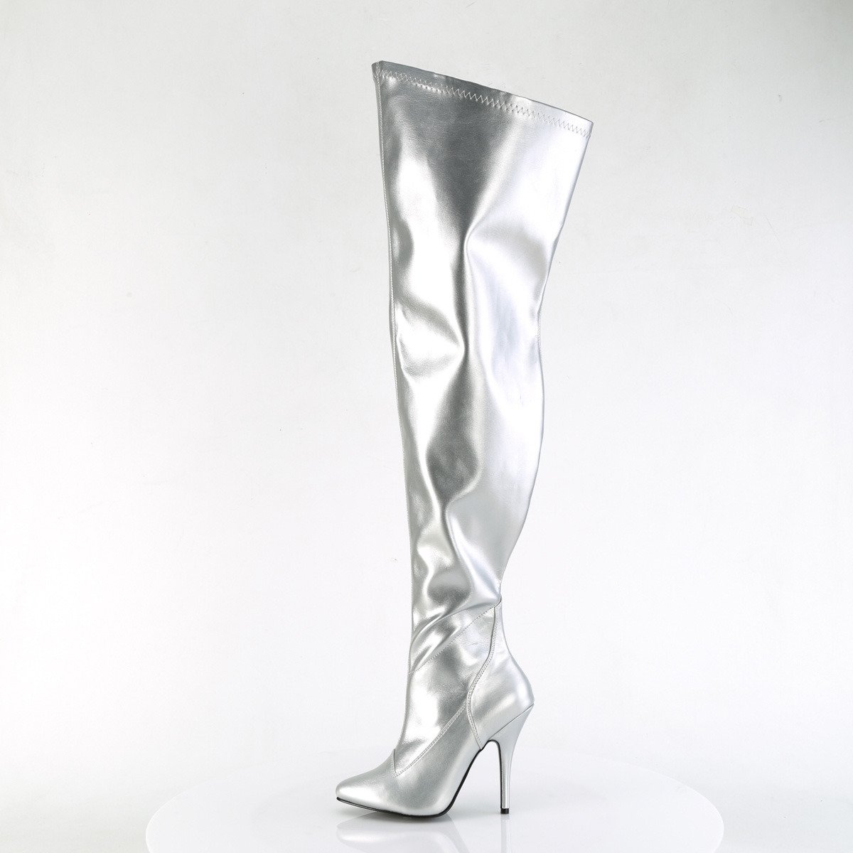 Pleaser Seduce-3000WC SMPU - Shiny Silver High-Heel Single Sole Thigh High Boots With Widened Calf