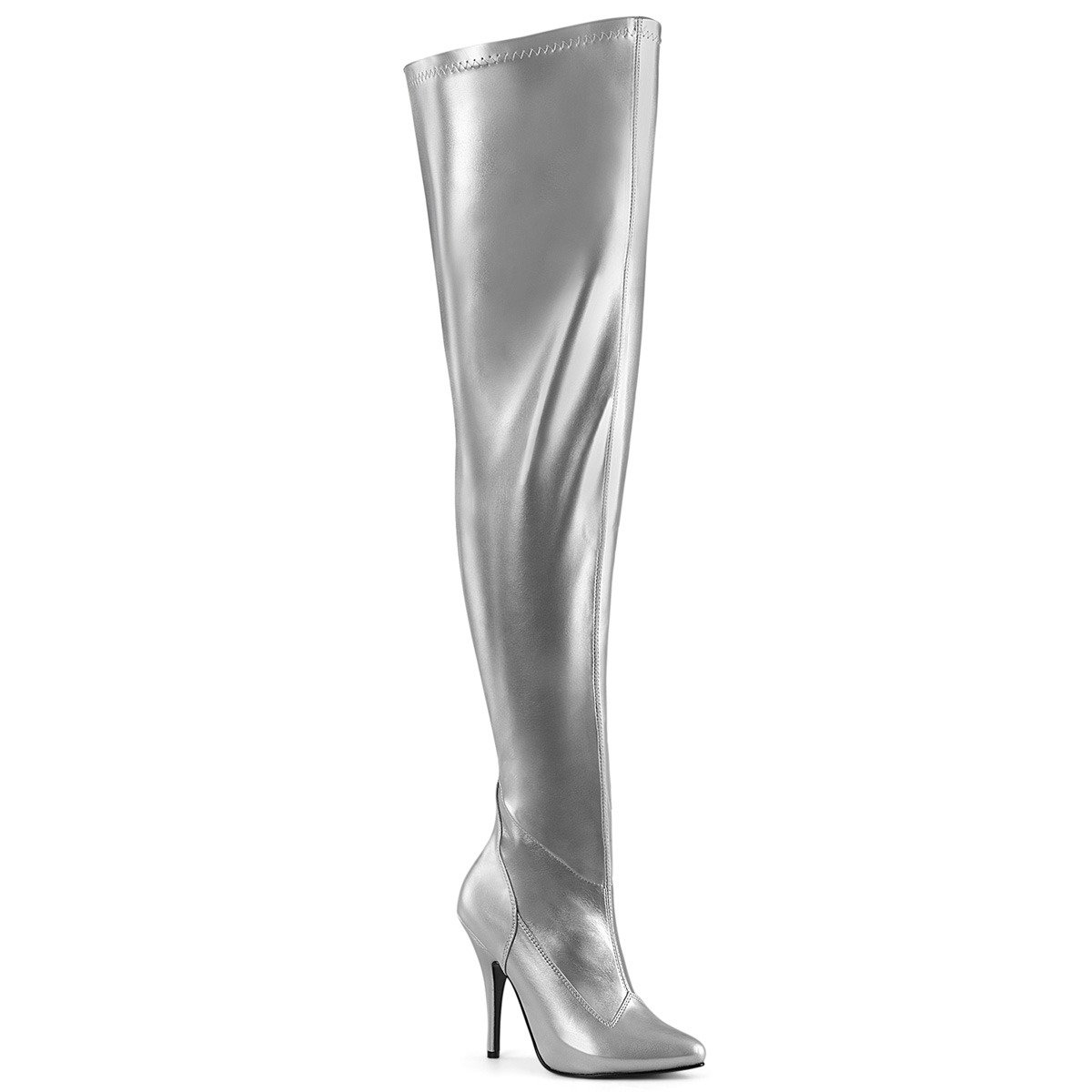 Pleaser Seduce-3000WC SMPU - Shiny Silver High-Heel Single Sole Thigh High Boots With Widened Calf