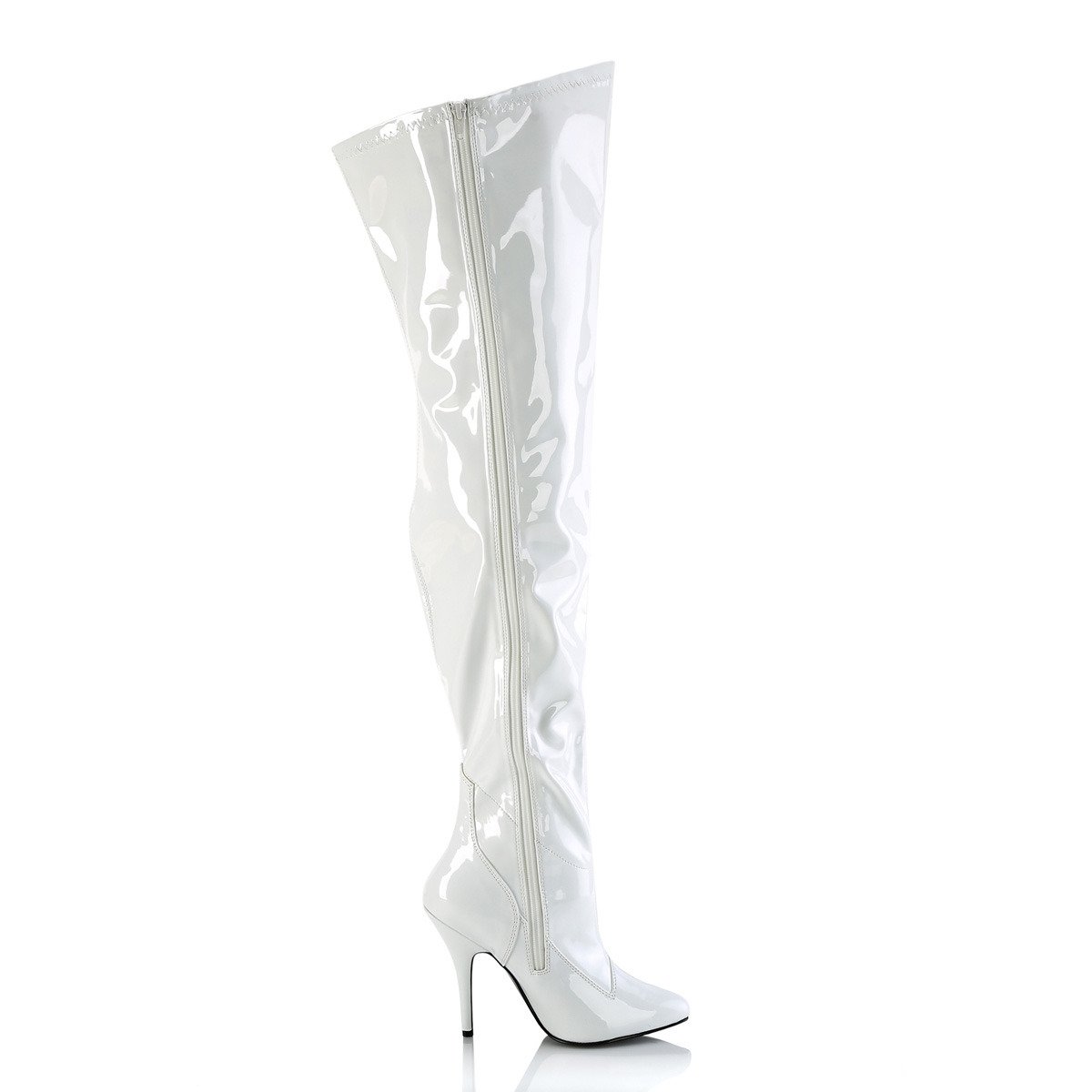 Pleaser Seduce-3000WC W - Shiny White High-Heel Single Sole Thigh High Boots With Widened Calf