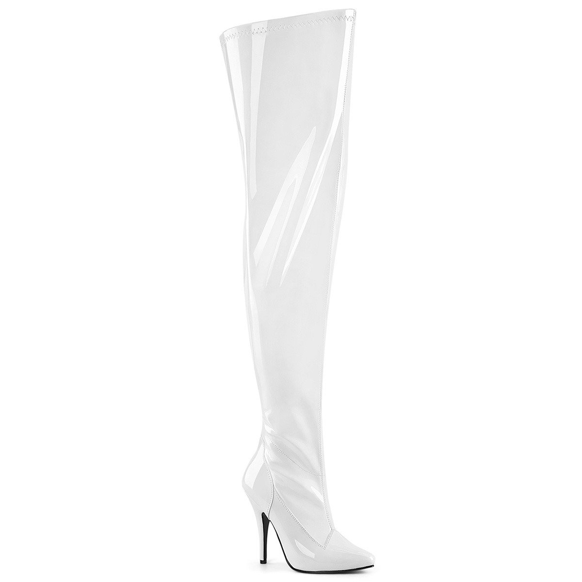 Pleaser Seduce-3000WC W - Shiny White High-Heel Single Sole Thigh High Boots With Widened Calf