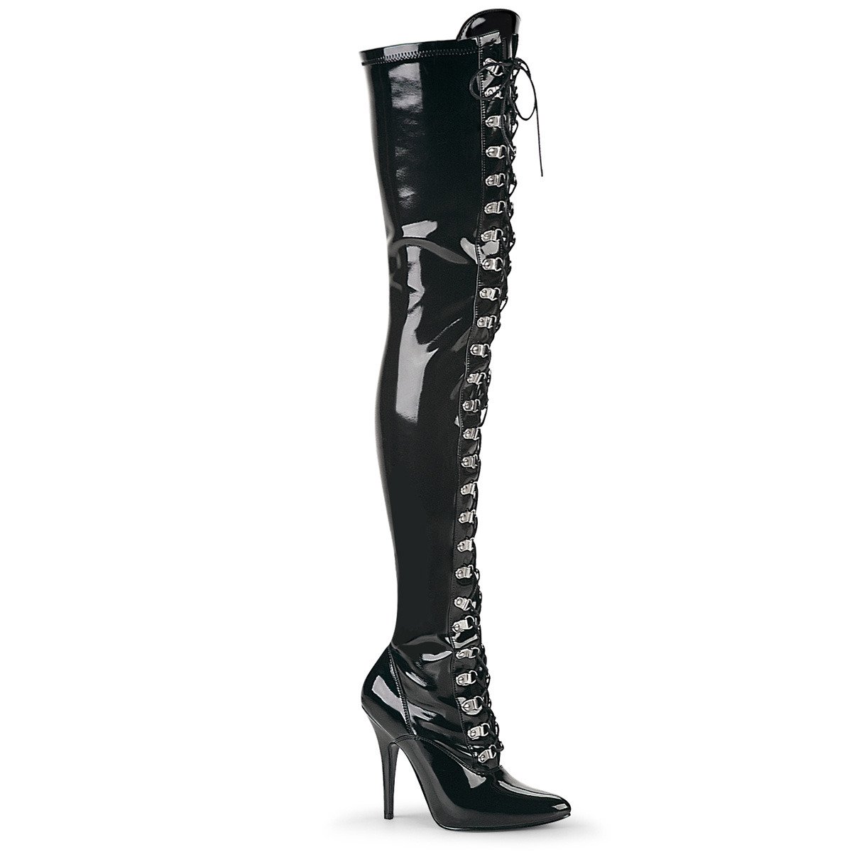 Pleaser Seduce-3024 B - Shiny Black High-Heel Single Sole Thigh High Boots