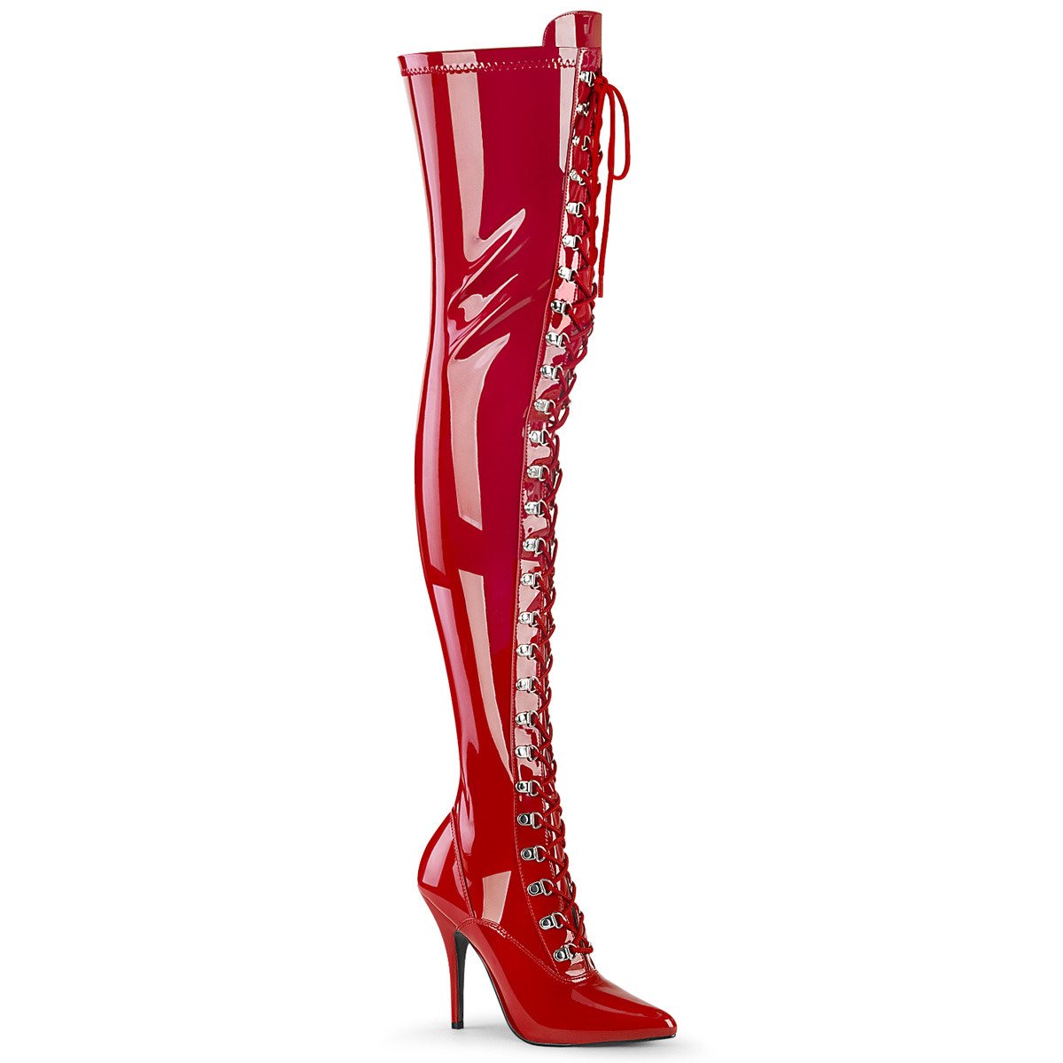 Pleaser Seduce-3024 R - Shiny Red High-Heel Single Sole Thigh High Boots