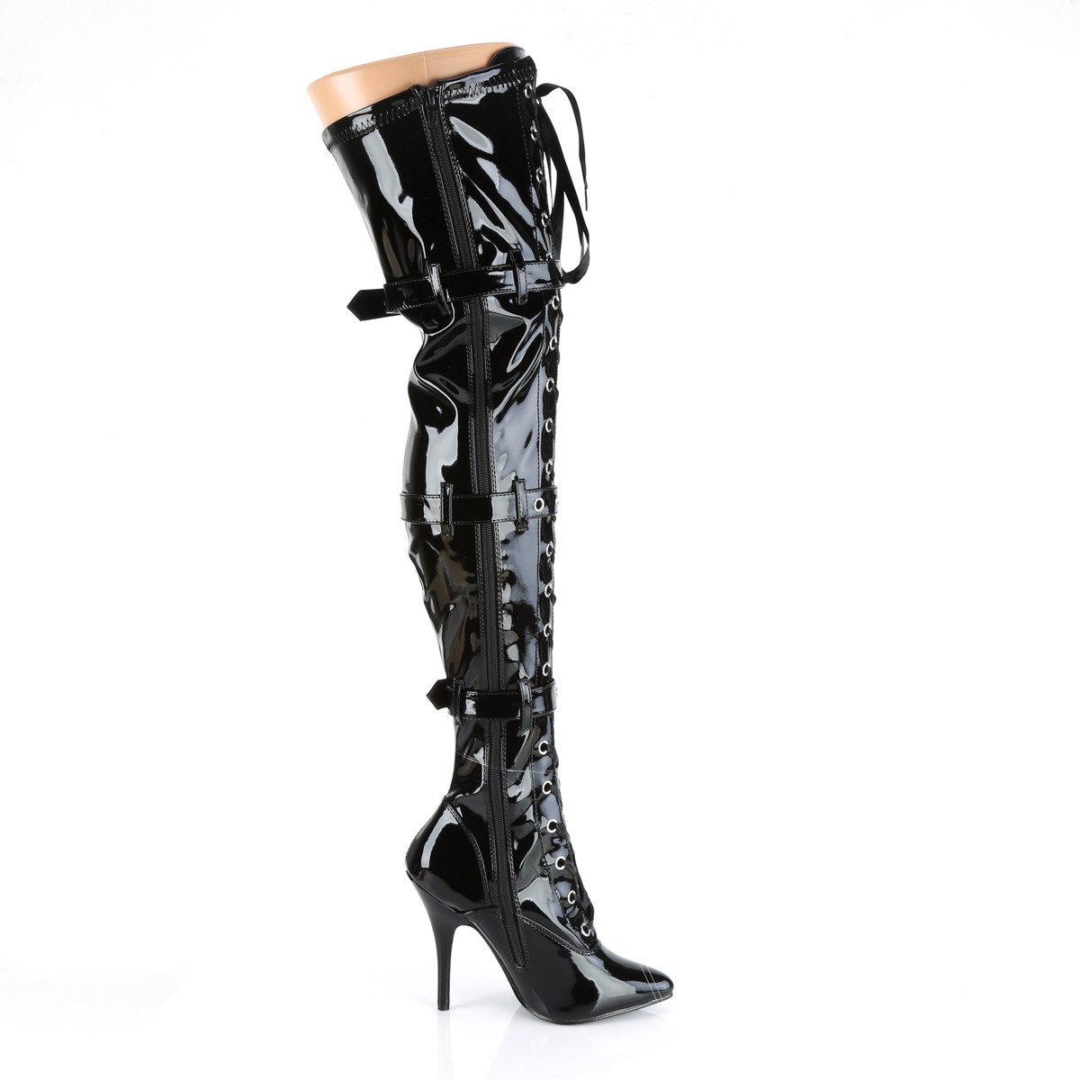 Pleaser Seduce-3028 B - Shiny Black High-Heel Single Sole Thigh High Boots