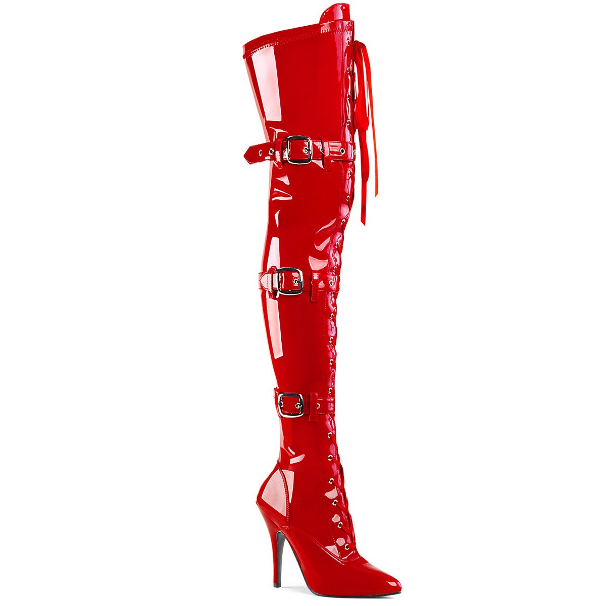 Pleaser Seduce-3028 R - Shiny Red High-Heel Single Sole Thigh High Boots