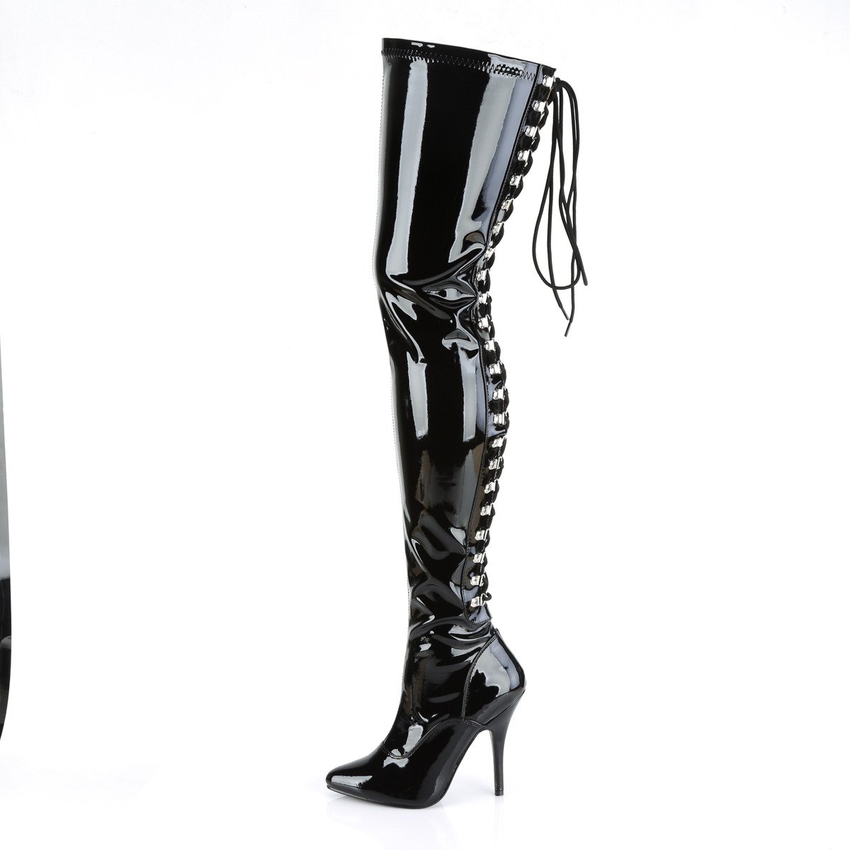 Pleaser Seduce-3063 B - Shiny Black High-Heel Single Sole Thigh High Boots
