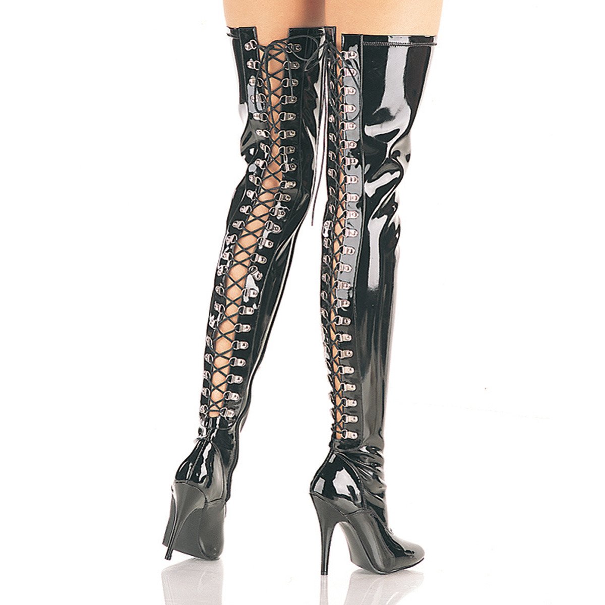 Pleaser Seduce-3063 B - Shiny Black High-Heel Single Sole Thigh High Boots