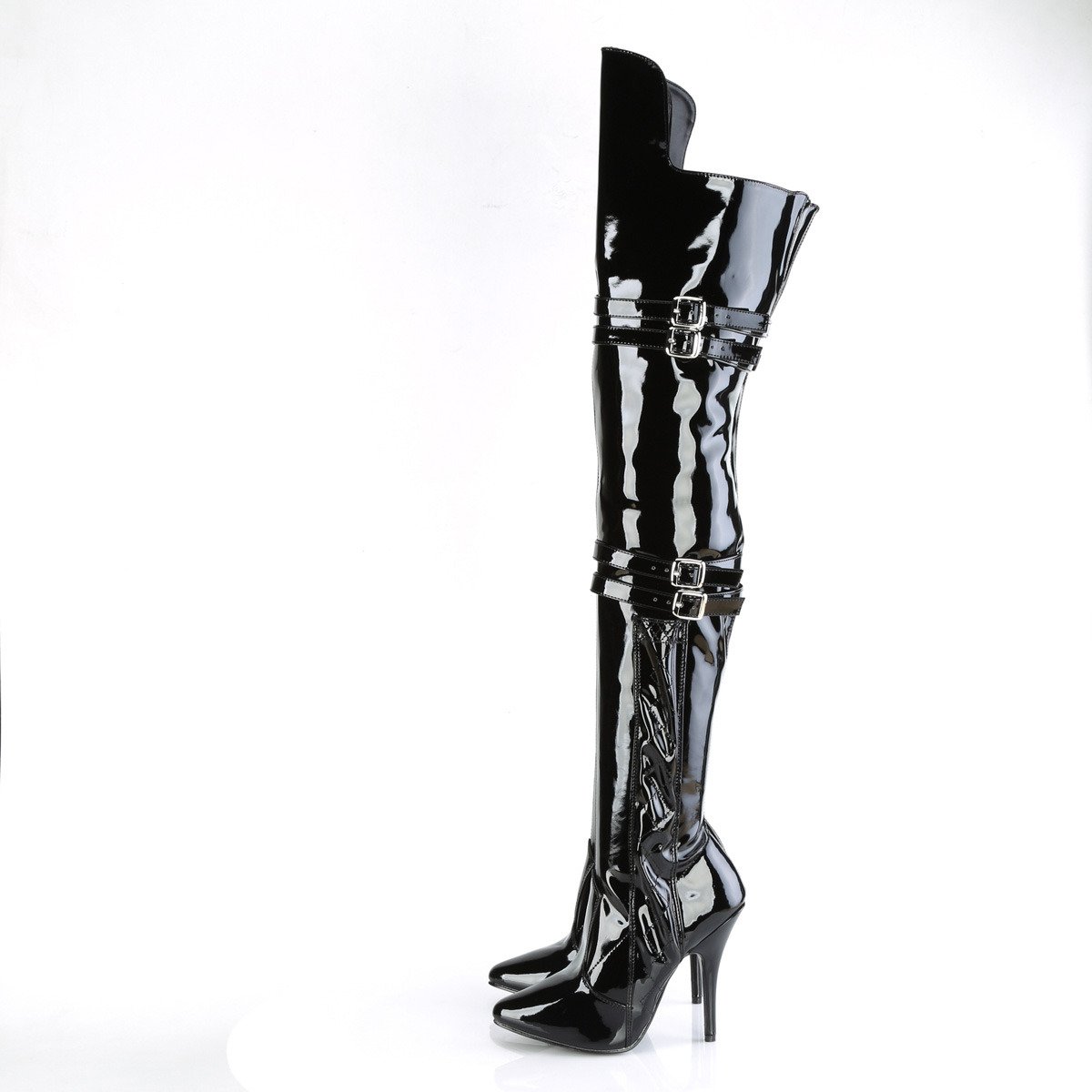 Pleaser Seduce-3080 B - Shiny Black High-Heel Single Sole Thigh High Boots