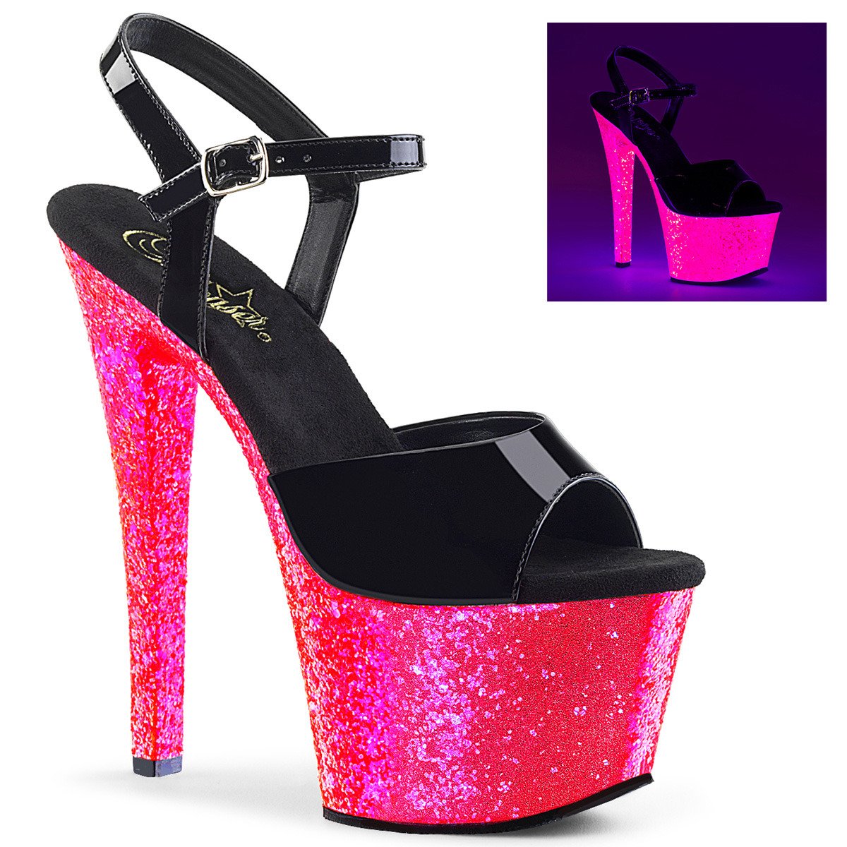 Pleaser Sky-309UVLG B/NHPG - Shiny Black Uv Reactive High-Platform Sandals