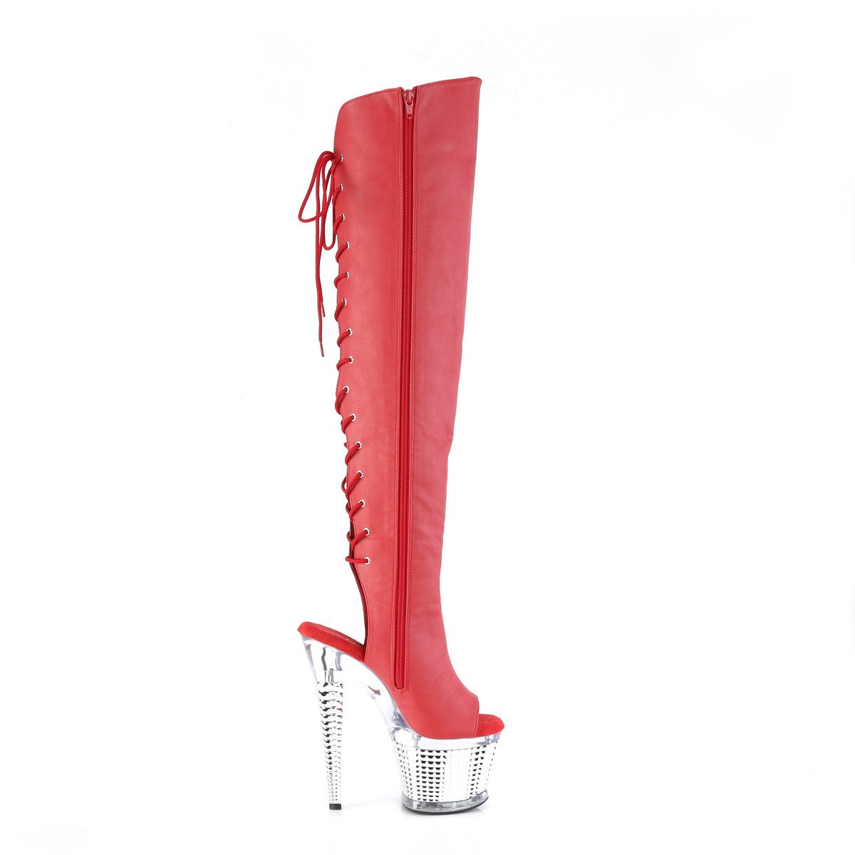 Pleaser Spectator-3019 RPU/C-SCH - Red High-Platform Thigh High Boots