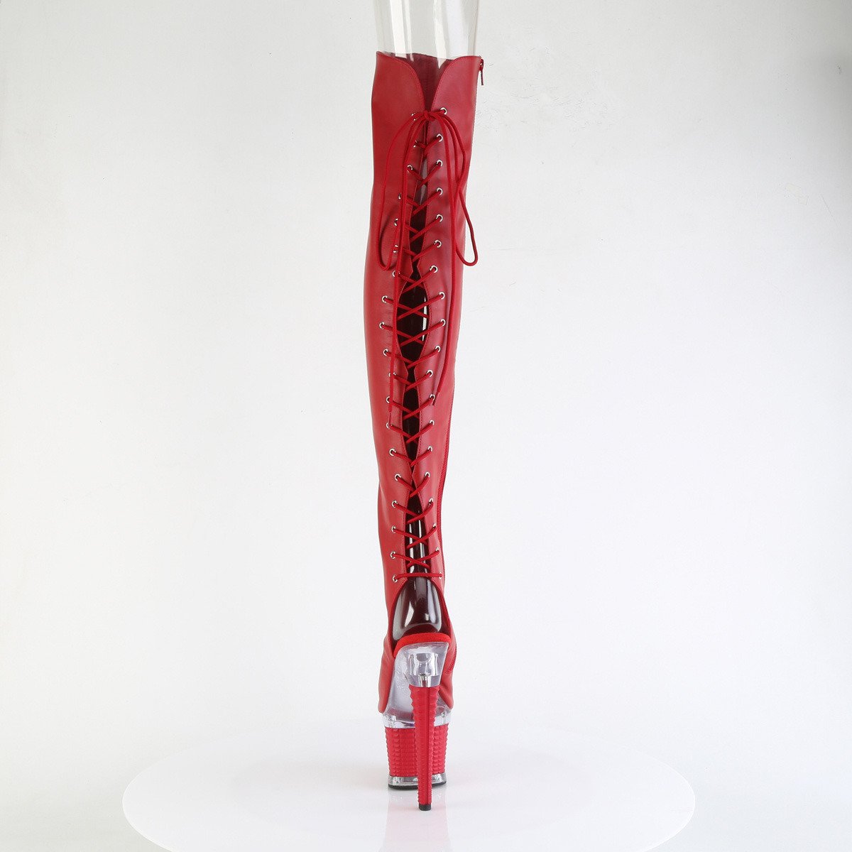 Pleaser Spectator-3030 RPU/C-R - Red High-Platform Peep Toe Boots
