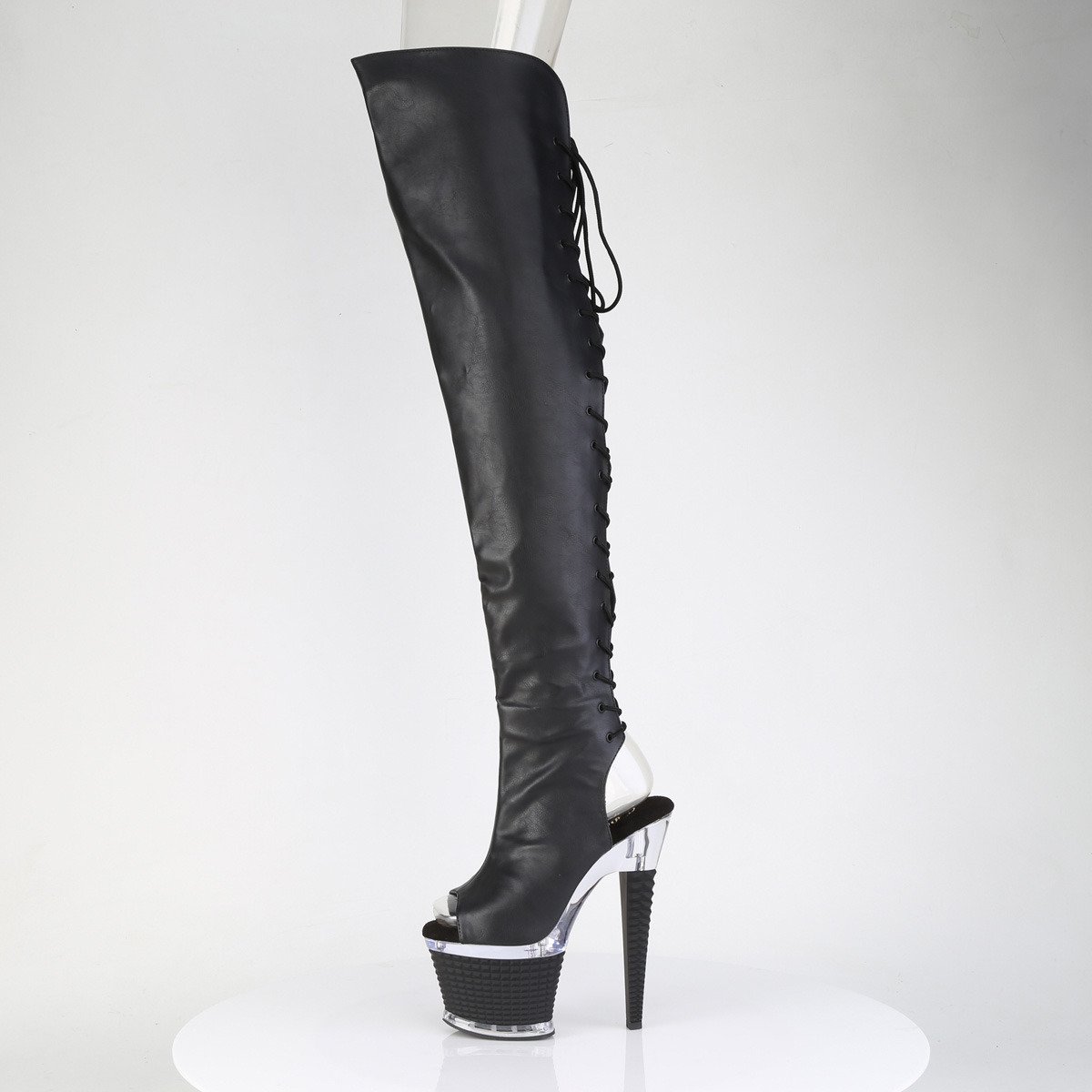 Pleaser Spectator-3030 BPU/C-B - Black High-Platform Peep Toe Boots