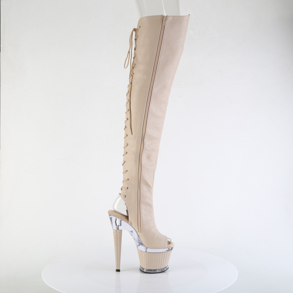 Pleaser Spectator-3030 NDPU/C-ND - Beige High-Platform Peep Toe Boots