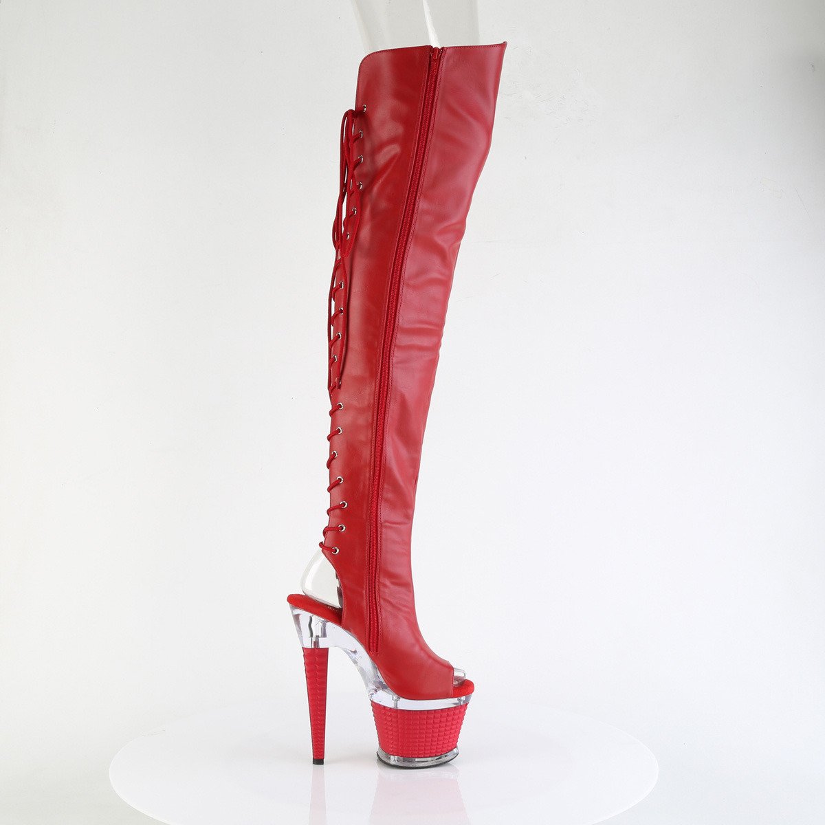 Pleaser Spectator-3030 RPU/C-R - Red High-Platform Peep Toe Boots
