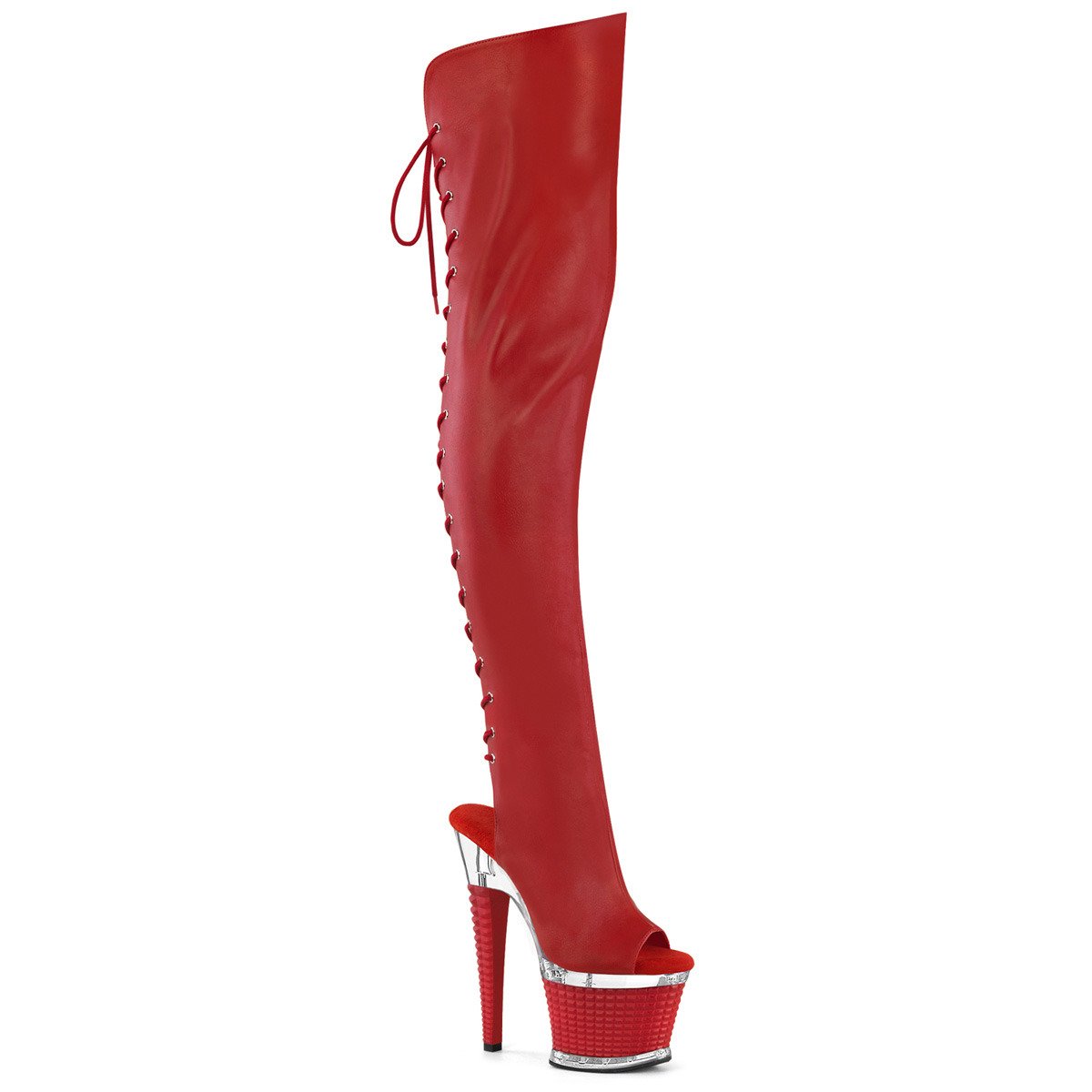Pleaser Spectator-3030 RPU/C-R - Red High-Platform Peep Toe Boots
