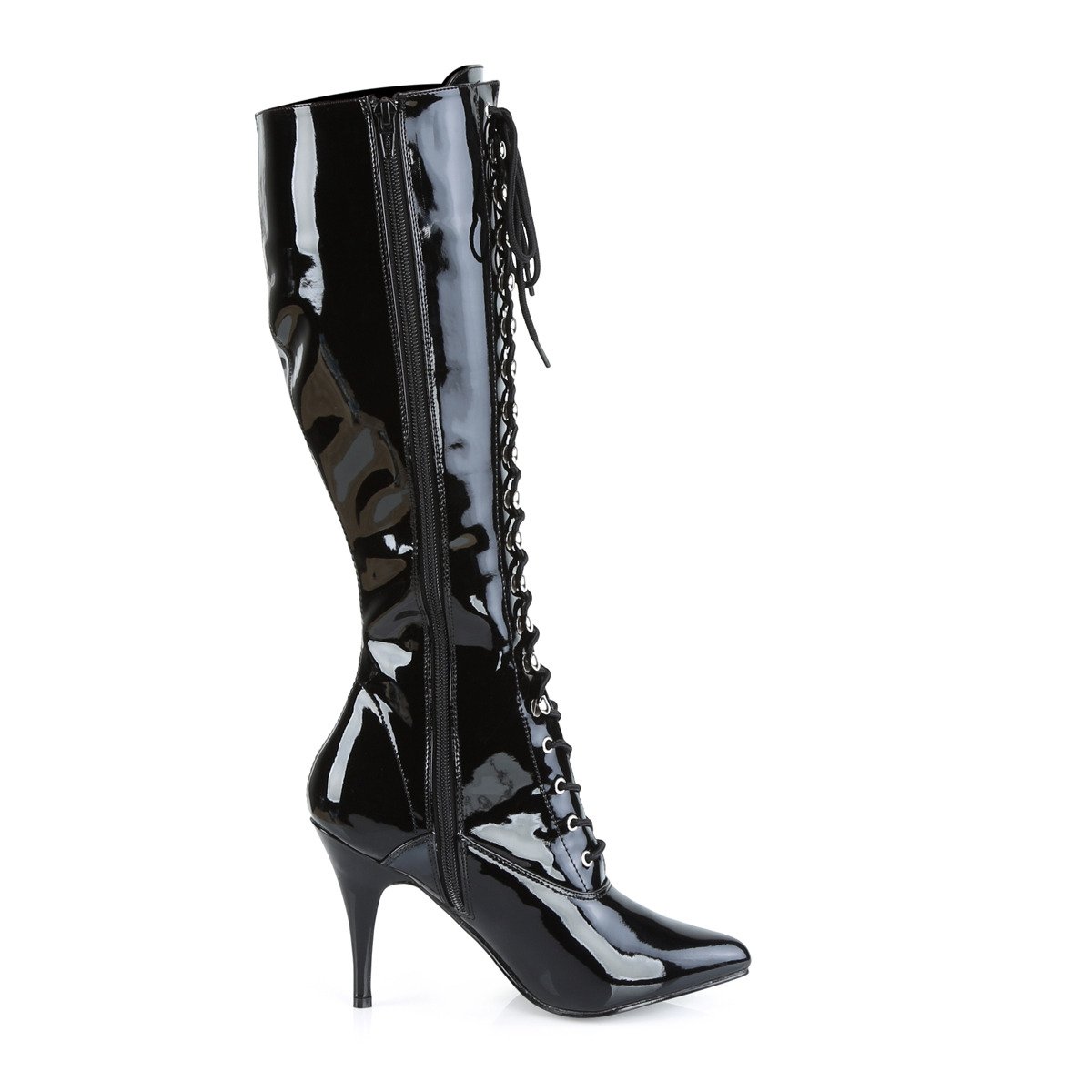 Pleaser Vanity-2020 B - Shiny Black High-Heel Knee High Single Sole Boots