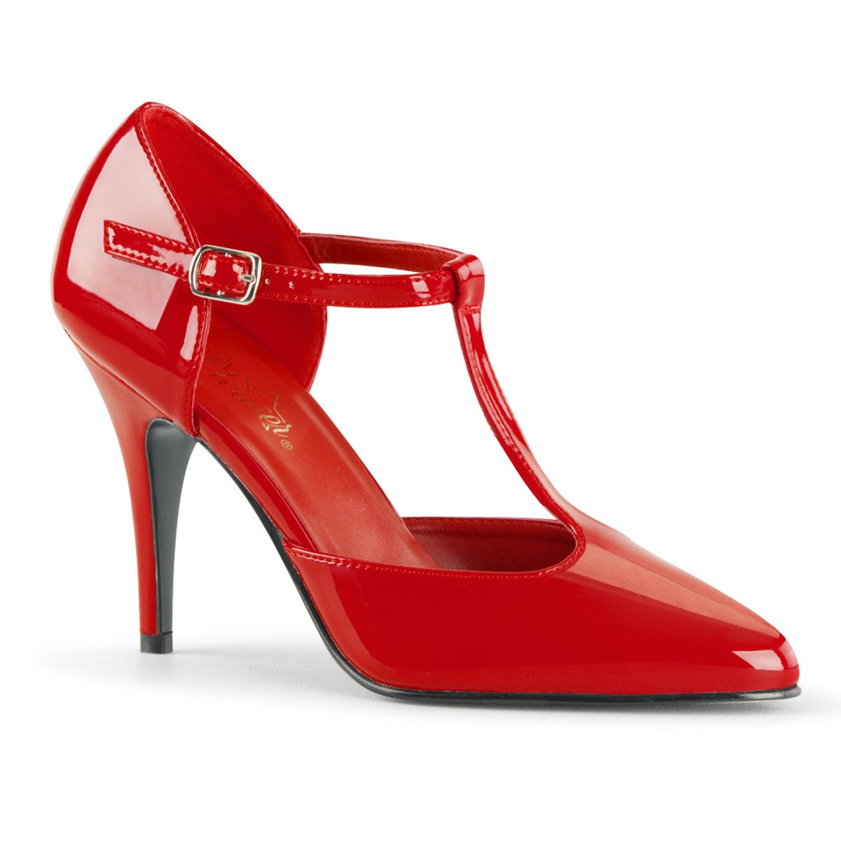 Pleaser Vanity-415 R - Shiny Red High-Heel Single Sole Pumps With Straps
