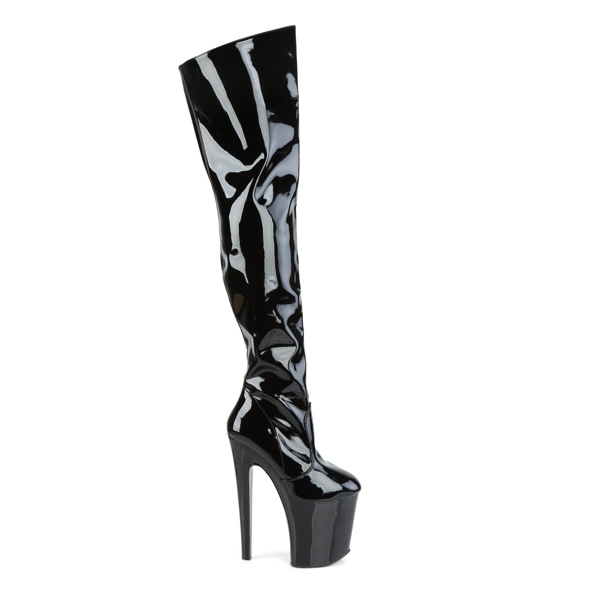 Pleaser Xtreme-3010 B/M - Shiny Black High-Platform Thigh High Boots