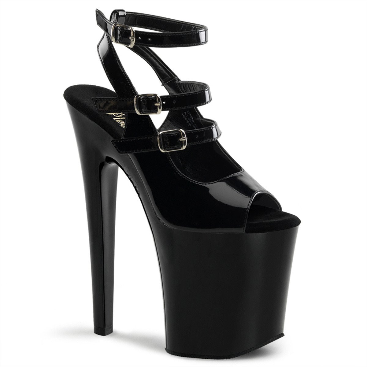 Pleaser Xtreme-873 B/M - Shiny Black High-Platform Ankle Strap Heels