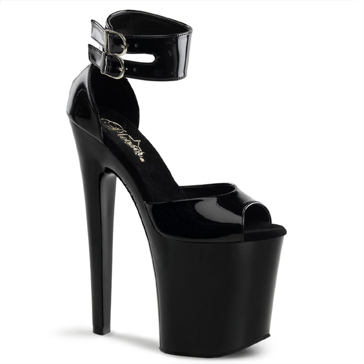 Pleaser Xtreme-875 B/M - Shiny Black High-Platform Ankle Strap Heels