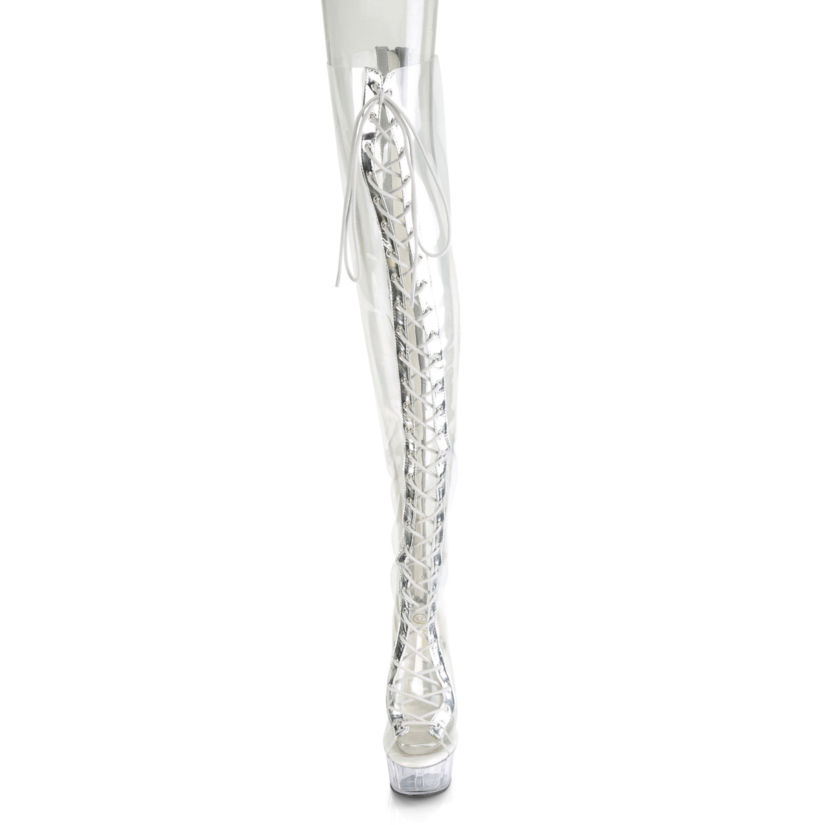 Pleaser Delight-3026 CTPU-SMPU/C - Clear Platform High-Heel Thigh High Boots