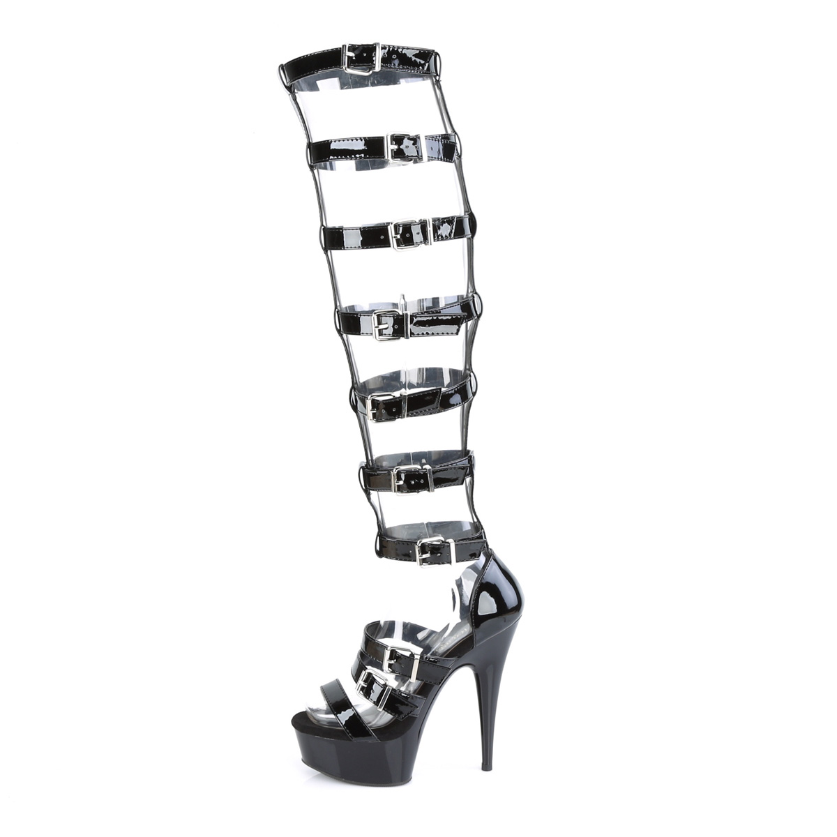 Pleaser Delight-600-46 B/M - Shiny Black Platform High-Heel Strap Heels