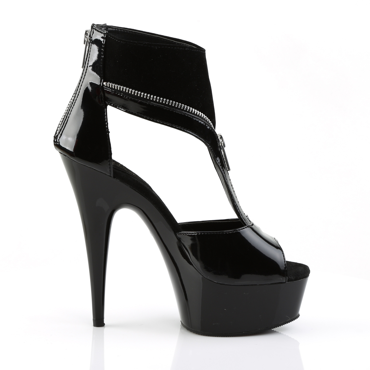 Pleaser Delight-690 B-NB/M - Shiny Black Platform High-Heel Ankle Strap Heels