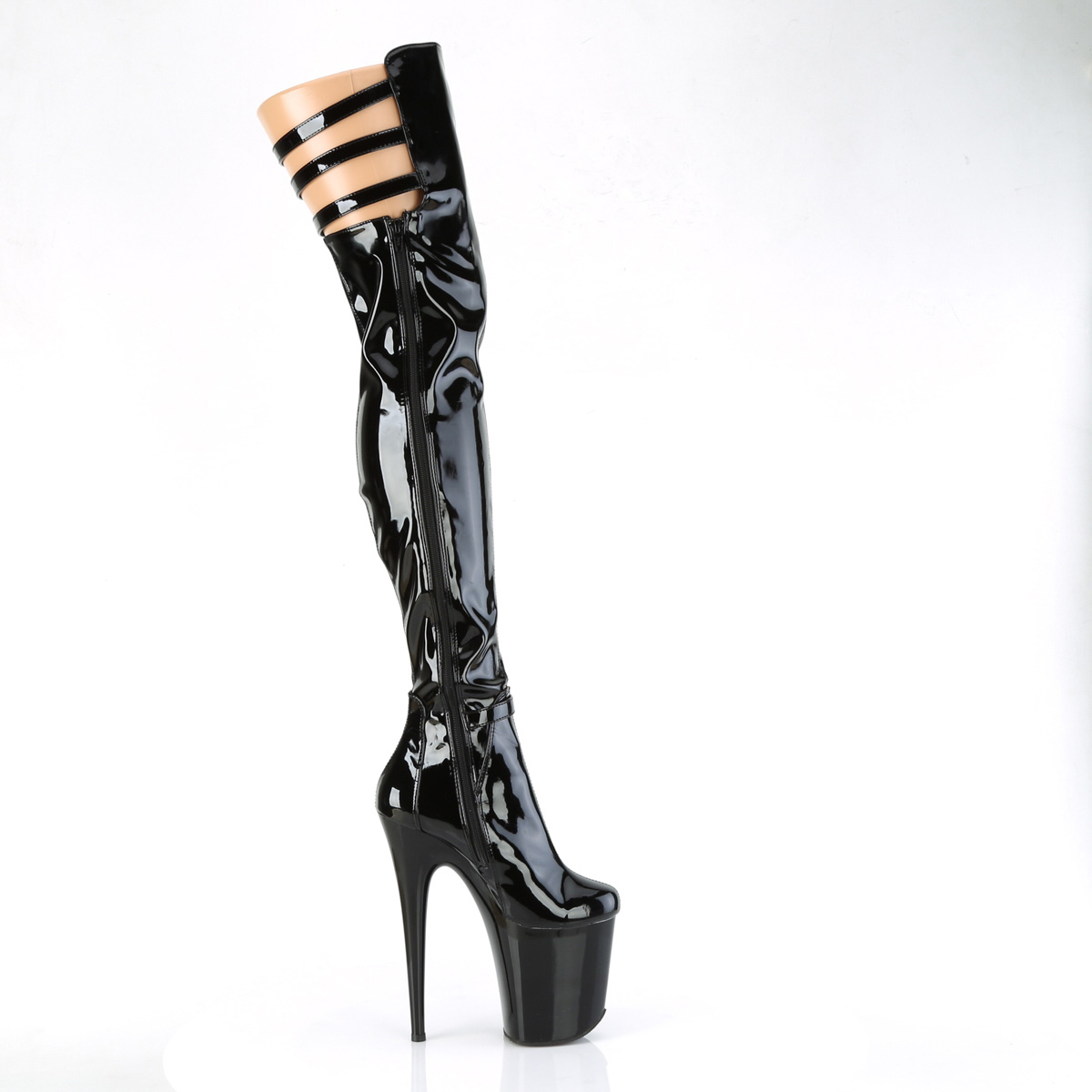 Pleaser Flamingo-3055 B/M - Shiny Black High-Platform Thigh High Boots