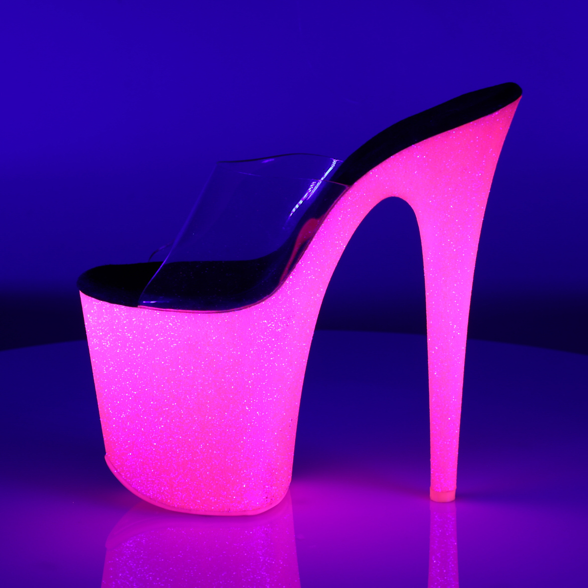 Pleaser Flamingo-801UVG C/NHP - Clear Uv Reactive High-Platform Sandals