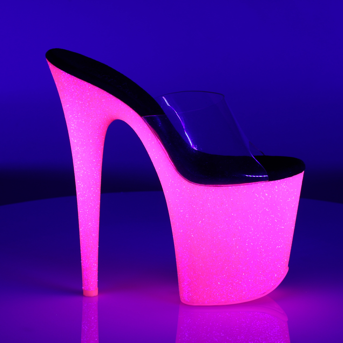 Pleaser Flamingo-801UVG C/NHP - Clear Uv Reactive High-Platform Sandals