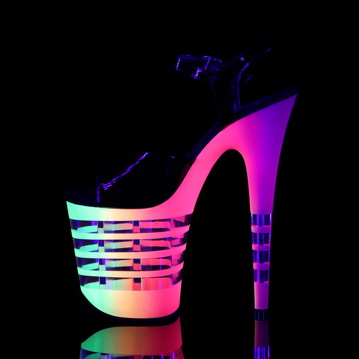 Pleaser Flamingo-809UVLN B/N-UVLN - Shiny Black Uv Reactive High-Platform Sandals