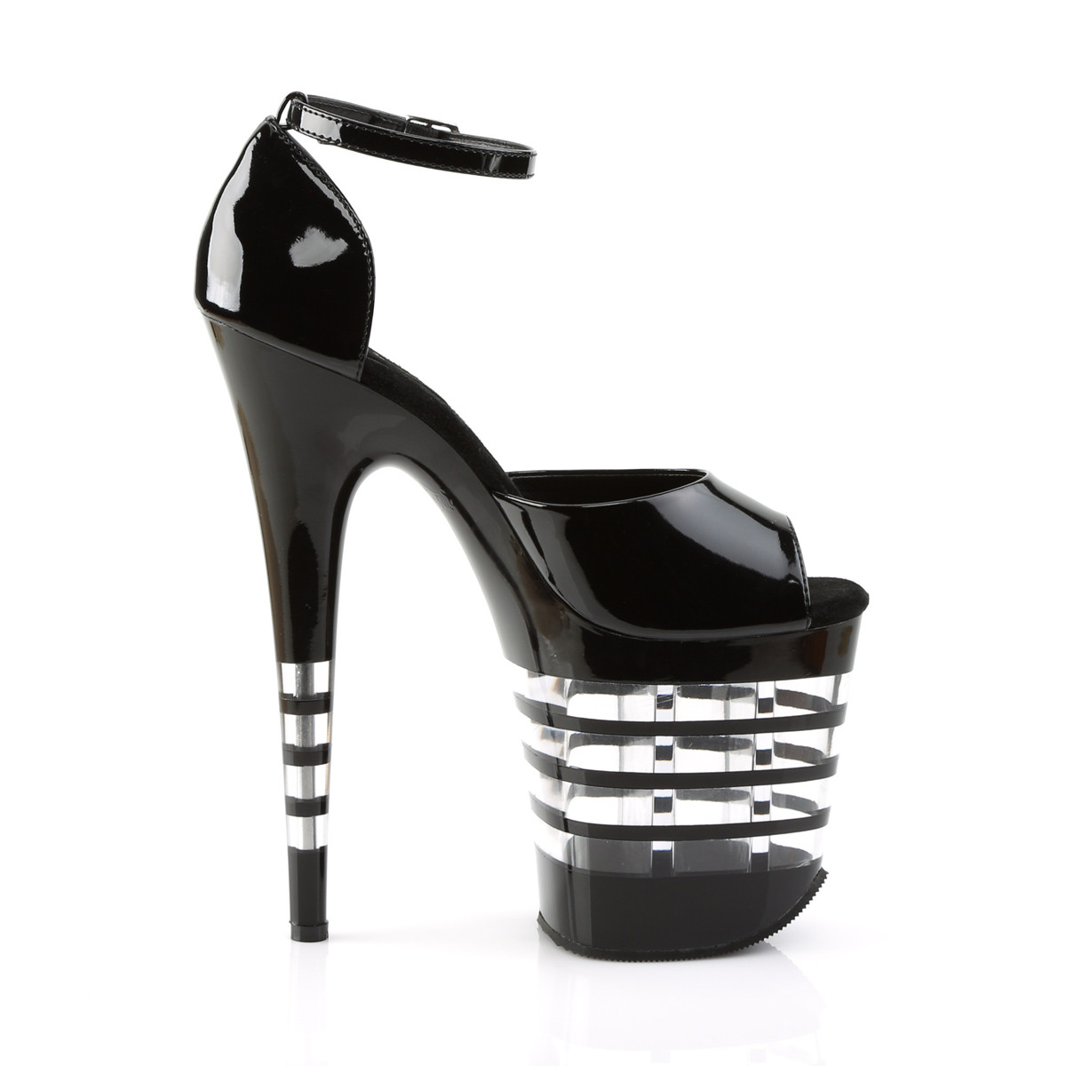 Pleaser Flamingo-889LN B/M - Shiny Black High-Platform Ankle Strap Heels