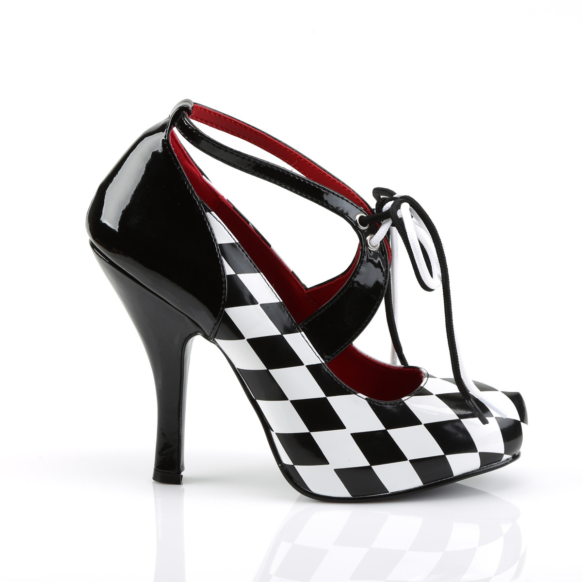Funtasma Harlequin-03 BW - Shiny Black High-Heel Single Sole Pumps With Straps