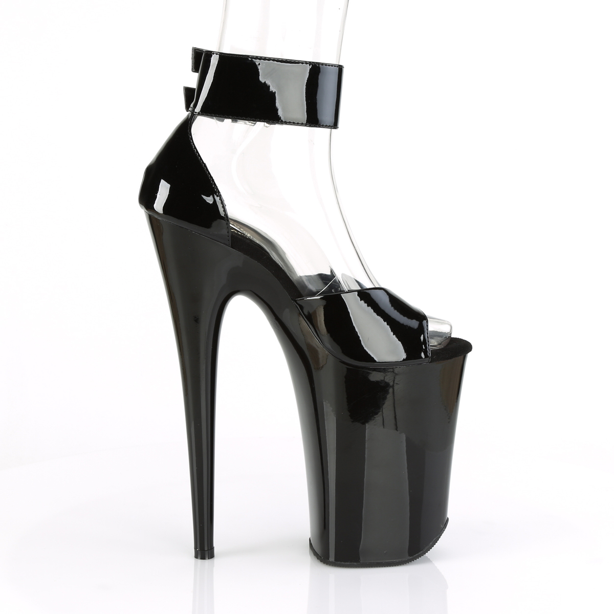 Pleaser Infinity-975 B/M - Shiny Black High-Platform Ankle Strap Heels