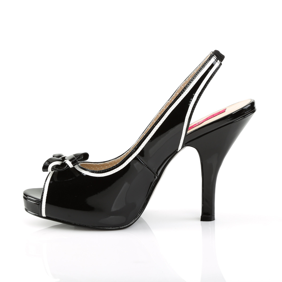 Pleaser Pink Label Pinup-10 B-W - Shiny Black Peep Toe And Sling Back Single Sole Heels