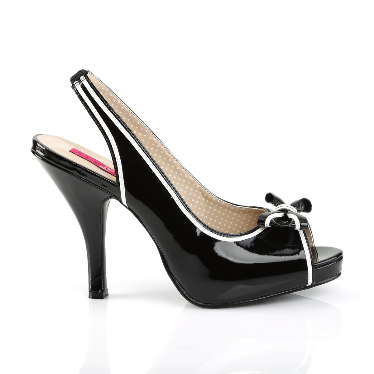 Pleaser Pink Label Pinup-10 B-W - Shiny Black Peep Toe And Sling Back Single Sole Heels