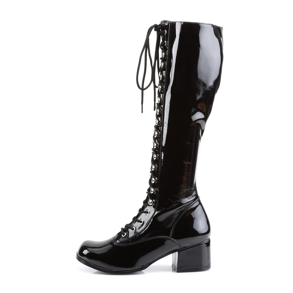 Funtasma Retro-302 B - Shiny Black Chunky-Heel Knee High Single Sole Boots