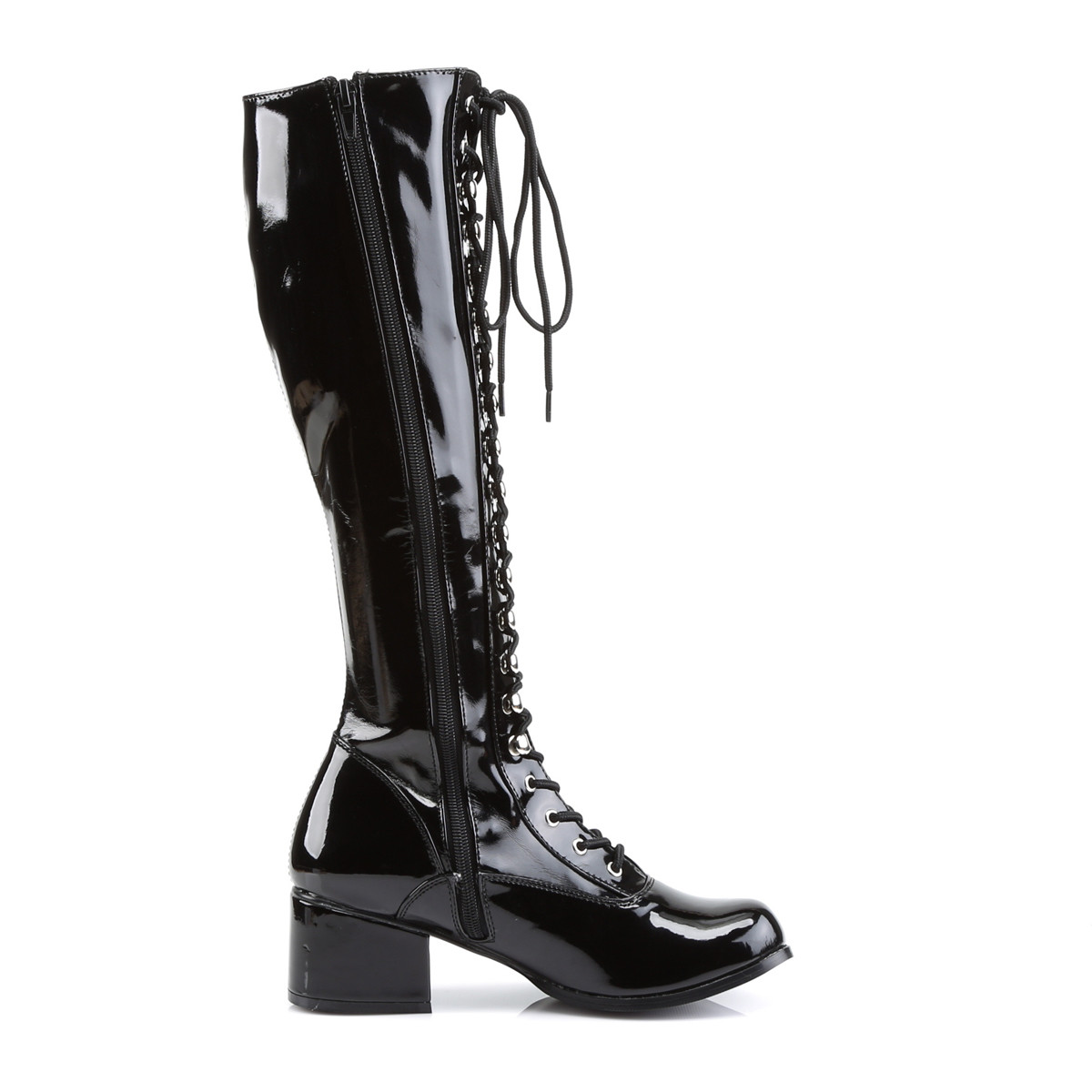 Funtasma Retro-302 B - Shiny Black Chunky-Heel Knee High Single Sole Boots